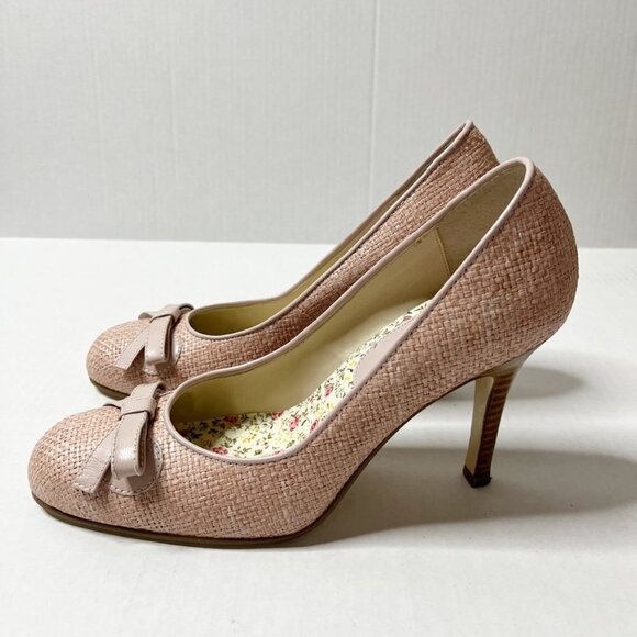 Amanda Smith Women's Belle High Heels Size 8M Pink Raffia Bow Straw Tweed Pumps - Picture 6 of 12